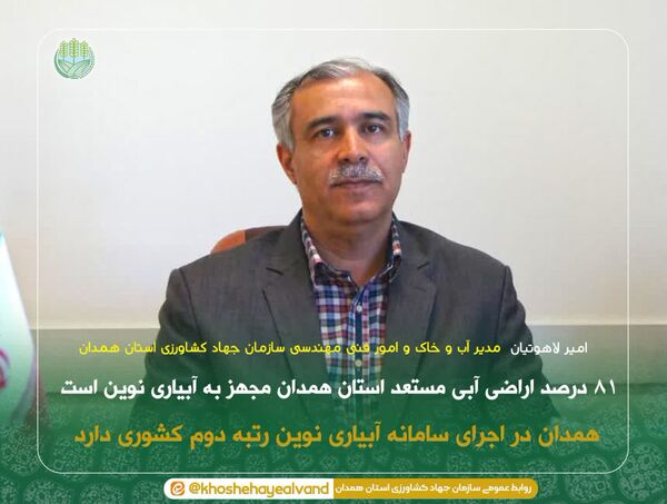 ۸۱ درصد اراضی آبی مستعد استان همدان مجهز به آبیاری نوین است 
