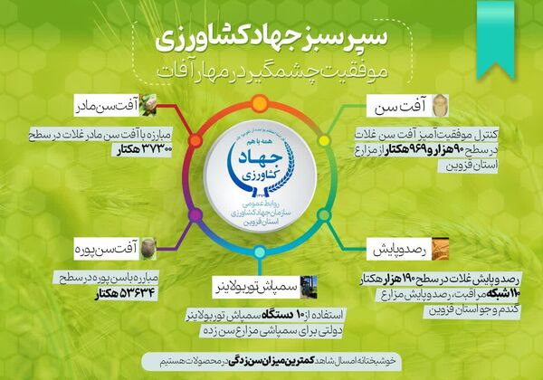  اینفوگرافی | کنترل موفقیت‌آمیز آفت سن غلات در سطح ۹۰هزار و ۹۶۳ هکتار از مزارع استان قزوین