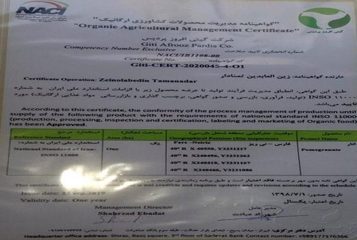 اولین گواهی ارگانیک انار در نی ریز صادر شد