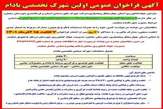 زمین‌های نخستین شهرک تخصصی بادام سامان آماده واگذاری شد